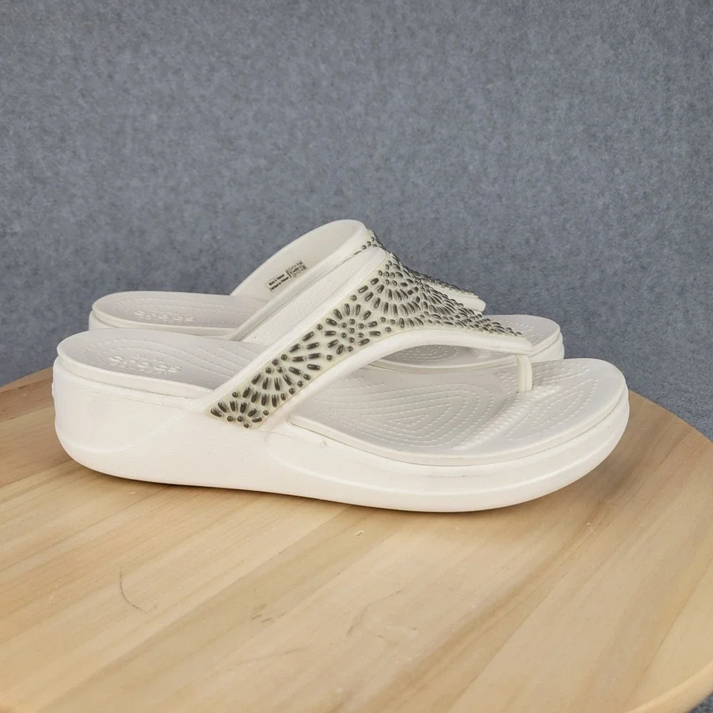 Crocs Monterey Shimmer Wedge Flip Flops Stucco White Metallic‎ Sandals Size 7